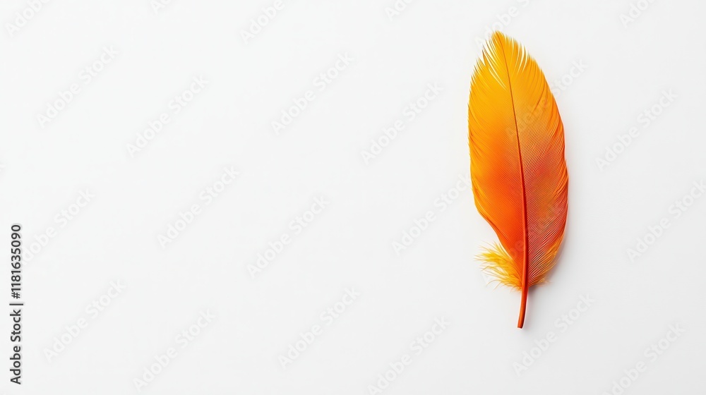 Vibrant Orange Feather on Clean White Background, Elegant Minimalist Detail. Vibrant Orange Feather on Clean White Background, Elegant Minimalist Detail.