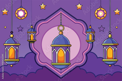 Decorative Ramadan Islamic background with purple tones, lantern ornaments, and stars creating a serene celebration atmosphere