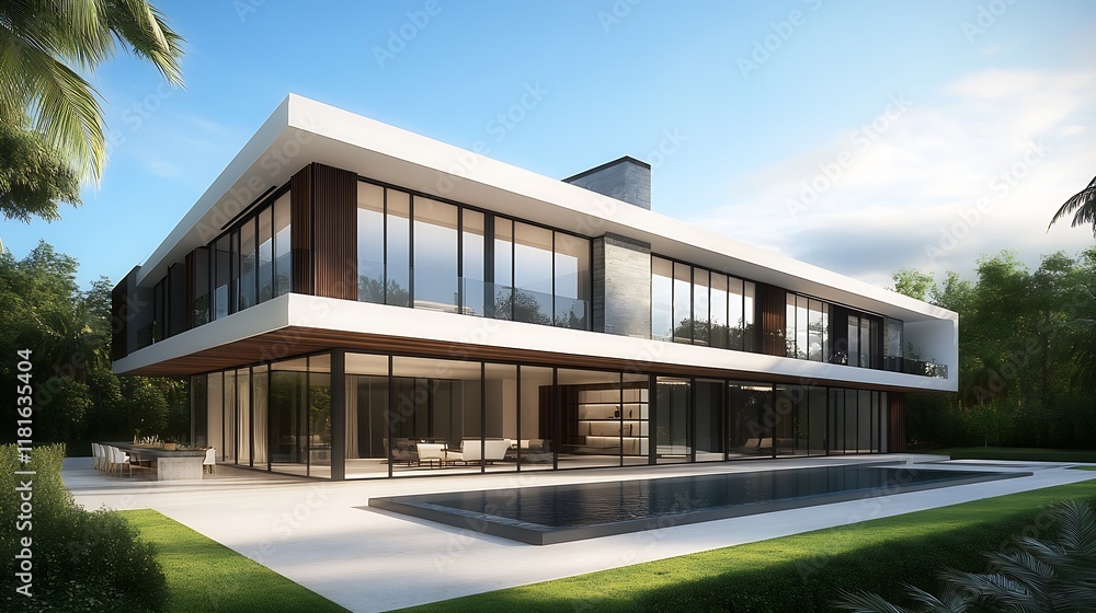 Contemporary Tropical Glass Villa with Swimming Pool and Modern Design : Generative AI Contemporary Tropical Glass Villa with Swimming Pool and Modern Design : Generative AI