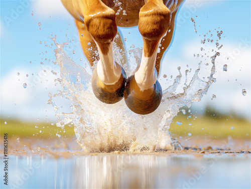 The powerful leap of a horse above water, with splashes emphasizing its strength and grace. A dramatic image of raw equestrian energy. photo