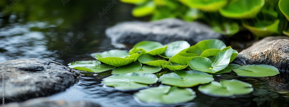 Serene lily pads floating on calm water surface. Serene lily pads floating on calm water surface.