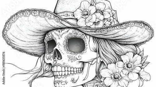 Skull with Flowers and Hat ...