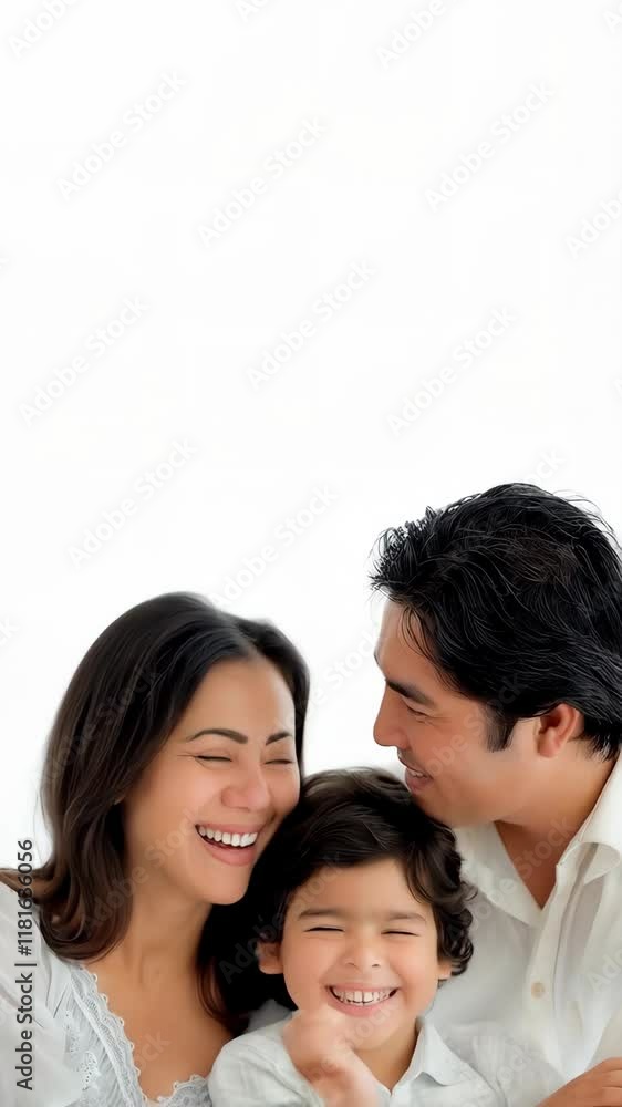Mexican couple in the forties posing with their little son over white background with copy space Mexican couple in the forties posing with their little son over white background with copy space