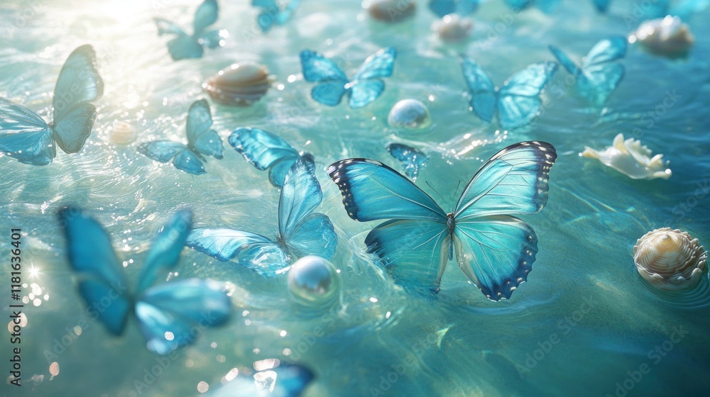 Blue butterflies floating over water with shells, possibly for a tranquil fantasy image Blue butterflies floating over water with shells, possibly for a tranquil fantasy image