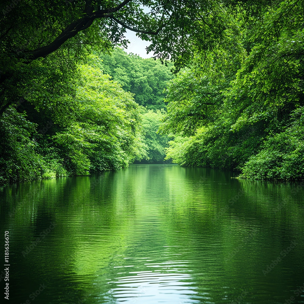 Serene river flowing through lush green forest. Serene river flowing through lush green forest.