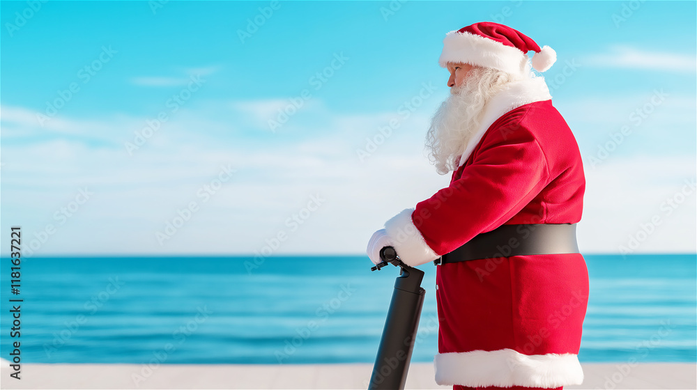 Obraz premium Close-up of Santa Claus gazing at the ocean, with his surfboard by his side. The serene blue background enhances the festive and adventurous atmosphere.