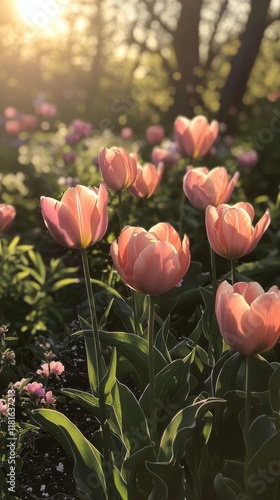 Gazing upon a tranquil spring garden, soft pink tulips sway gently in the warm sunlight, surrounded by lush greenery. Peace and beauty permeate this serene nature escape photo