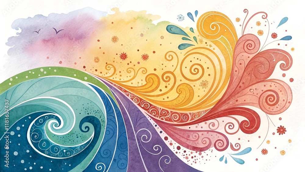 Colorful swirling waves and patterns in blue, green, yellow, and red on a white background Colorful swirling waves and patterns in blue, green, yellow, and red on a white background
