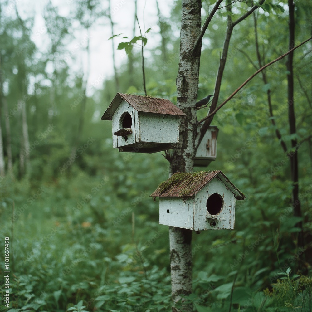 Rustic birdhouses blend into the forest, providing sanctuary and charm within the lush green landscape. Rustic birdhouses blend into the forest, providing sanctuary and charm within the lush green landscape.