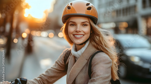 Woman Biking through City w...