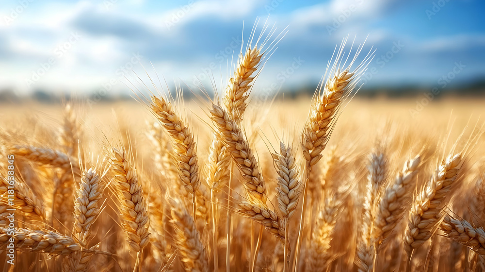 Golden Wheat Field Grows Under Blue Sky: Agriculture and Farming Golden Wheat Field Grows Under Blue Sky: Agriculture and Farming