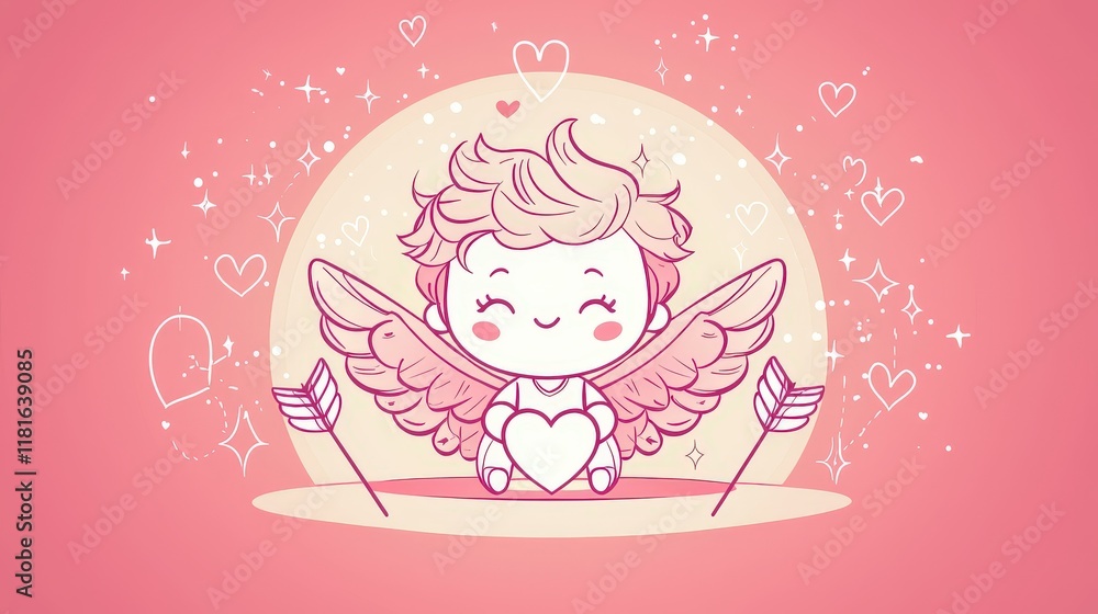 A playful Cupid illustration with arrows, hearts, and a glowing aura, designed in a cute flat vector style on a pastel pink background. A playful Cupid illustration with arrows, hearts, and a glowing aura, designed in a cute flat vector style on a pastel pink background.