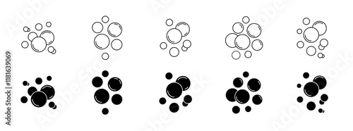 Bubble icon set. Soap foam, oxygen bubble, effervescent effect line icons set.