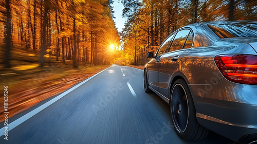 Car Drives on Road Through ...