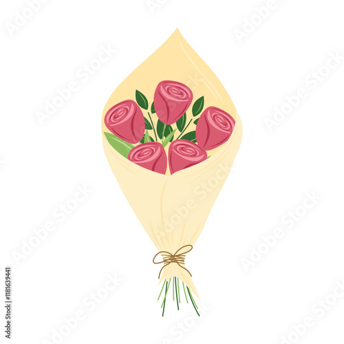 Beautiful bouquet of red rose flowers in kraft paper isolated on white background. Hand drawn vector illustration in doodle flat style. Happy Valentine day, gift, love concept, birthday party