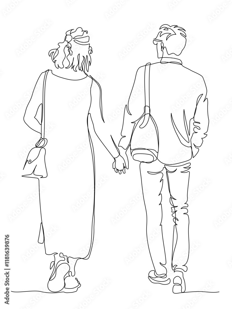 Obraz premium Couple walking away. Woman in long dress and man in glasses. Back view. Continuous line drawing. Black and white vector in line art style.