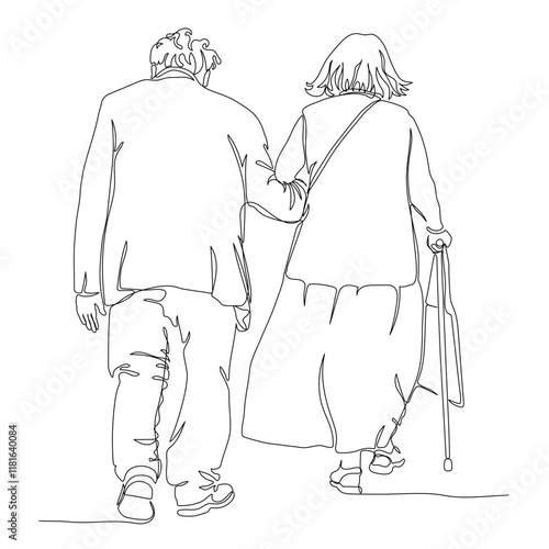 Senior couple with walking cane leaving. Back view. Continuous line drawing. Black and white vector illustration in line art style.