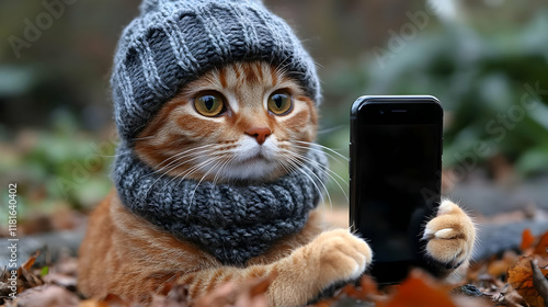 Cute Cat Holds Smartphone, ...