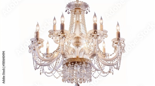 A high-end crystal chandelier with intricate detailing, isolated on a white background.