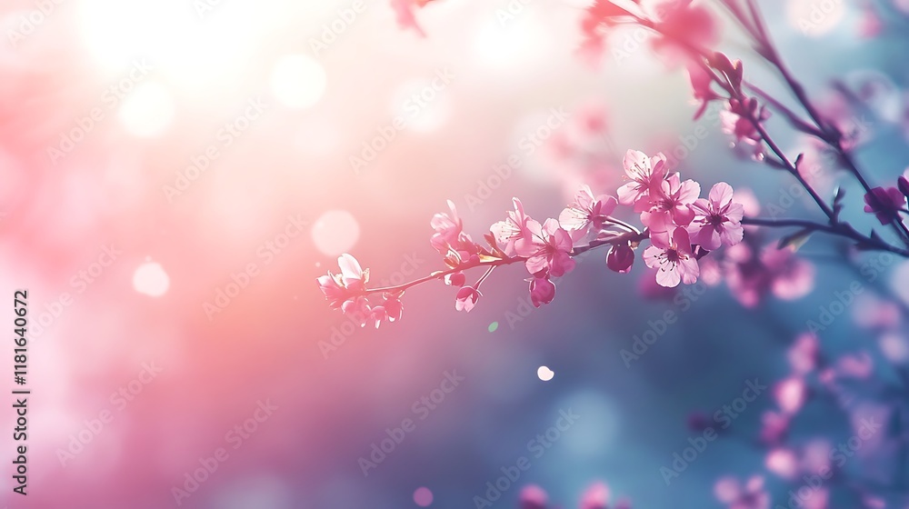Fototapeta premium Delicate Pink Blossoms Branch Sunlight Springtime