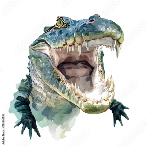 A watercolor painting of an alligator snapping its jaws, isolated on a white background. Alligator vector.
