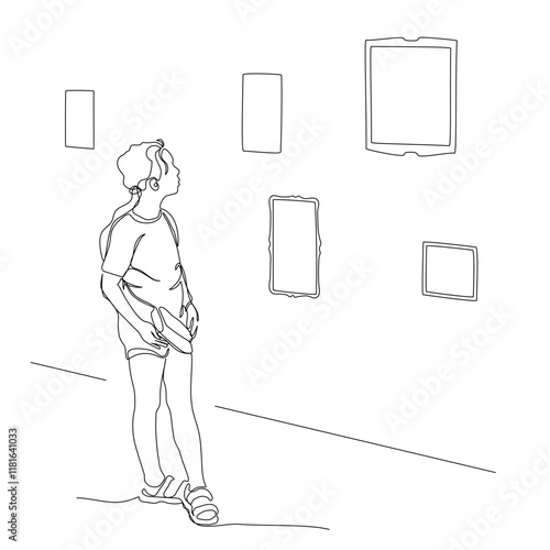Girl looking at picture on wall at art gallery. Side view. Continuous line drawing. Black and white vector illustration in line art style.