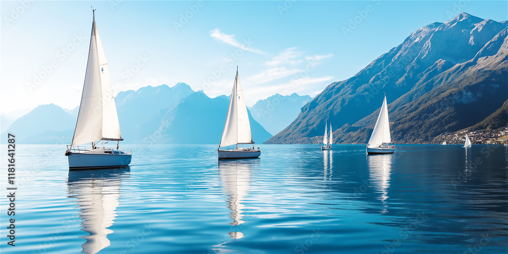Obraz premium A calm lake surrounded by mountains, with sailboats gliding across the water. The tranquil atmosphere invites relaxation and exploration of nature.