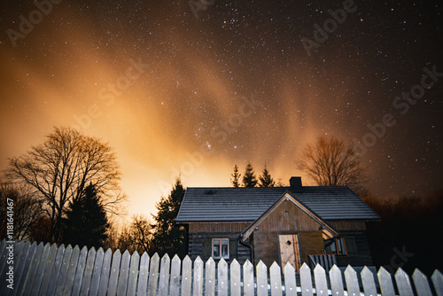 Fototapeta Naklejka Na Ścianę i Meble -  Starry sky in a mountain village. Bieszczady
