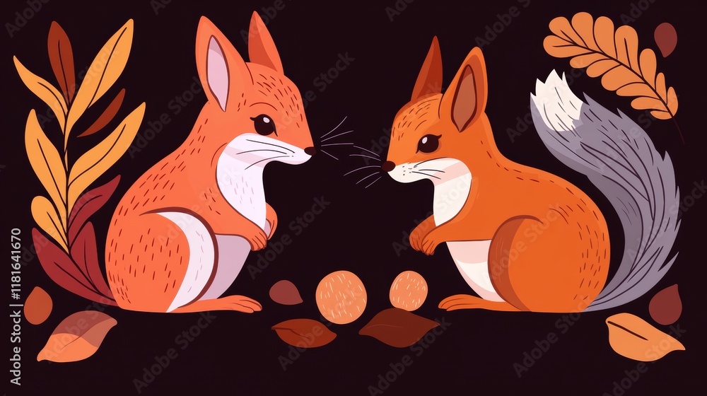 Fototapeta premium Autumnal Squirrel Couple Amidst Fall Foliage