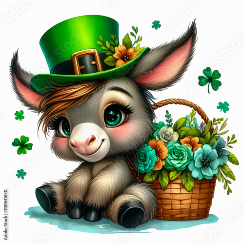 Watercolor Clipart of funny Saint Patrick baby donkey, isolated on a white background photo