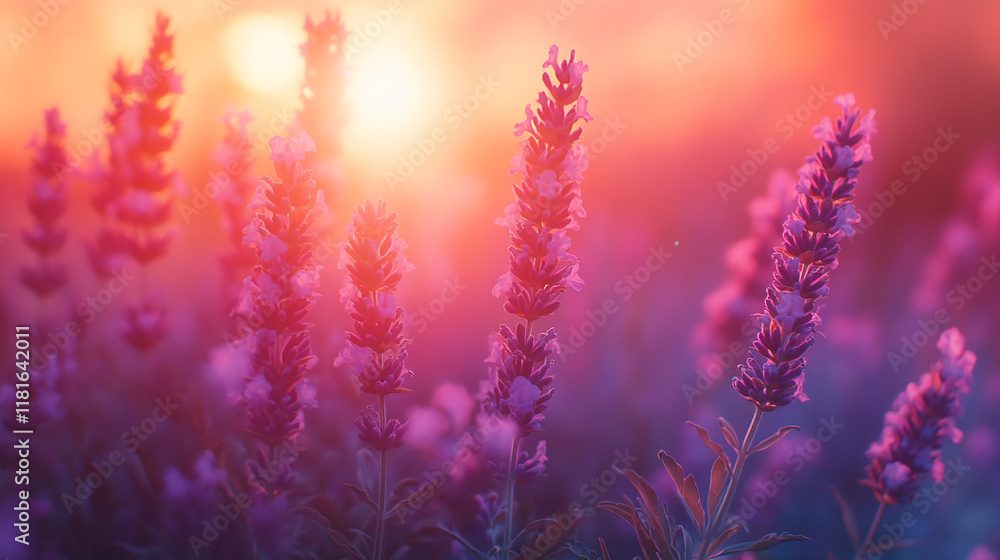 Obraz premium Lavender flowers bloom under a vivid sunset with warm colors and soft lighting