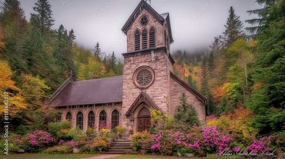 Autumnal Stone Church Nestled in Forested Valley