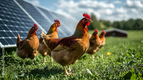 Chickens graze in green fie...