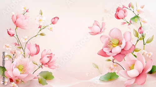 A soft, romantic pink Chinese backdrop with flat vector art, incorporating cultural symbols like bamboo and lotus flowers in a peaceful and modern design. photo