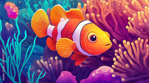 Vibrant Orange Clownfish in Vivid Coral Reef Scene photo