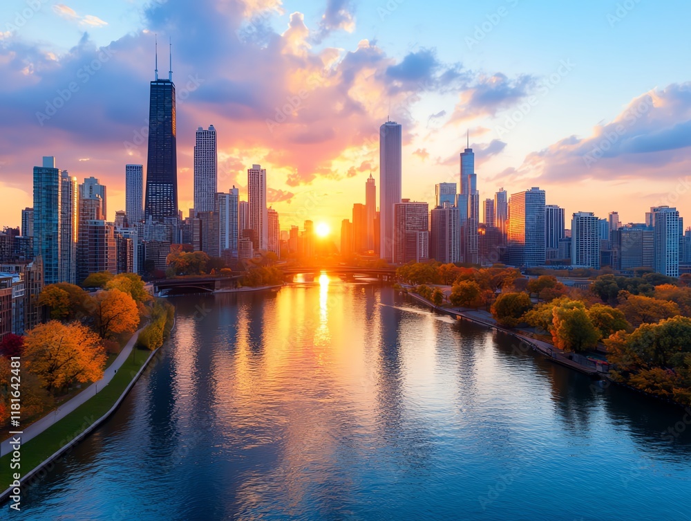 Fototapeta premium Sunset over city skyline reflecting on water.