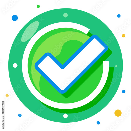 A vibrant green checkmark confirms successful tests, surrounded by light blue and yellow dots symbolizing achievement. This graphic emphasizes validation in digital contexts