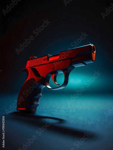 9mm Pistol Handgun Weapon Professional Cinematic Product Photography Copy Space For Text Logo Or Other Graphics 300 PPI High Resolution JPG Image Isolated Background photo