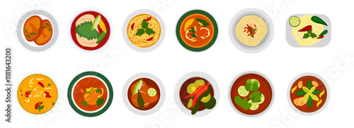 Set of vector, delicious food. Thai food, red curry, tom yam, cooking from the top view, recipe, menu, restaurant for food design.