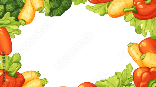 Vibrant illustration of carrots, red bell peppers, and broccoli forming a border around a white space