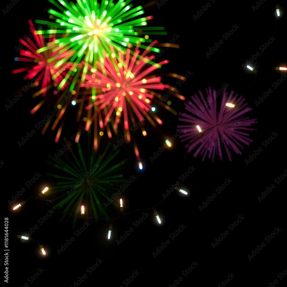 Fototapeta premium Image of fireworks and christmas fairy lights flickering over black background Generative AI