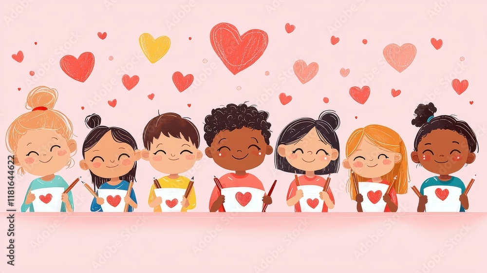 A sweet flat vector Valentine card showing kids drawing hearts and smiling with joy on a clean pink background. A sweet flat vector Valentine card showing kids drawing hearts and smiling with joy on a clean pink background.
