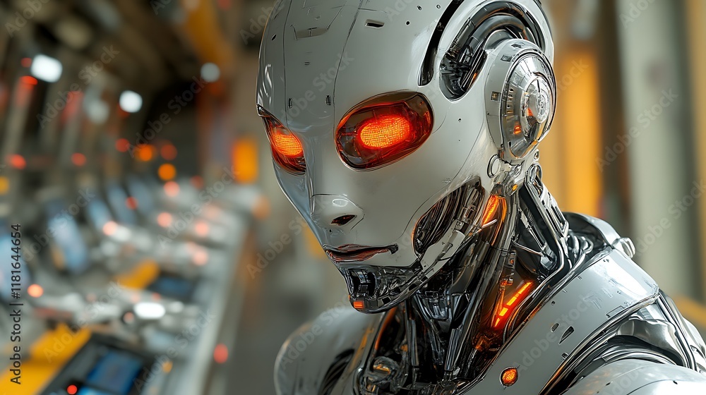 Close-up of a humanoid robot with glowing red eyes in a futuristic factory. Close-up of a humanoid robot with glowing red eyes in a futuristic factory.