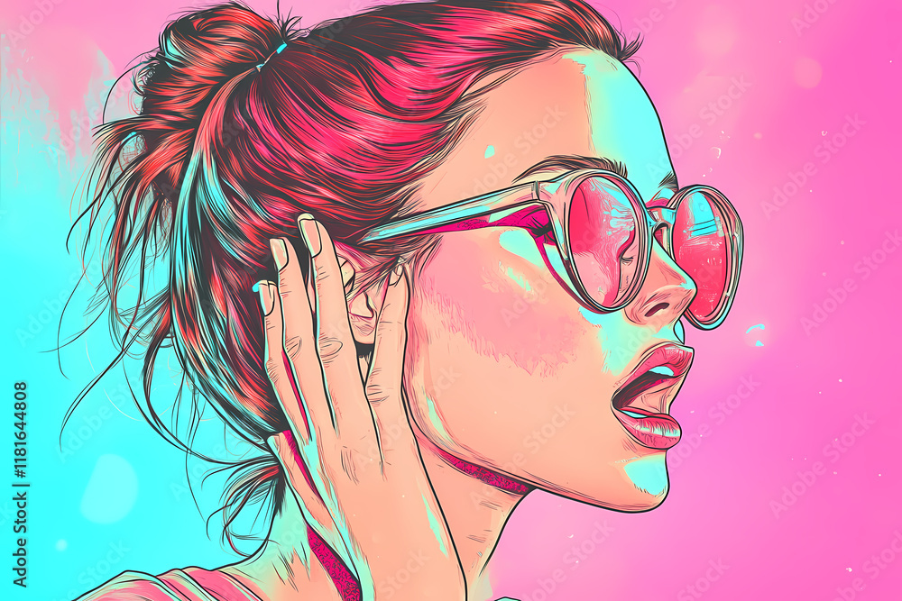 Pop art illustration of a beautiful surprised girl with wide eyes and open mouth, featuring vibrant pink and blue colors, shiny effects, and a retro comic book style Pop art illustration of a beautiful surprised girl with wide eyes and open mouth, featuring vibrant pink and blue colors, shiny effects, and a retro comic book style