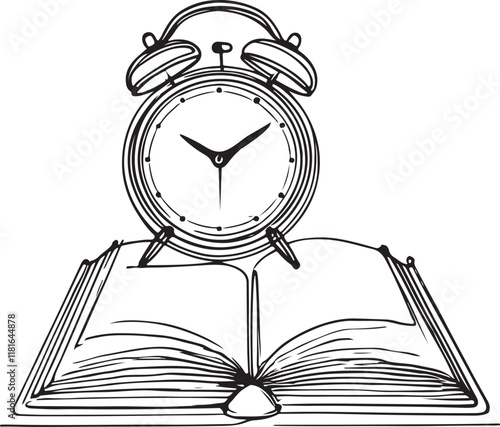 Elegant Line Drawing of Alarm Clock on Open Book - Vector Artwork