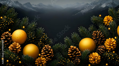 Golden Ornaments & Pine Con...