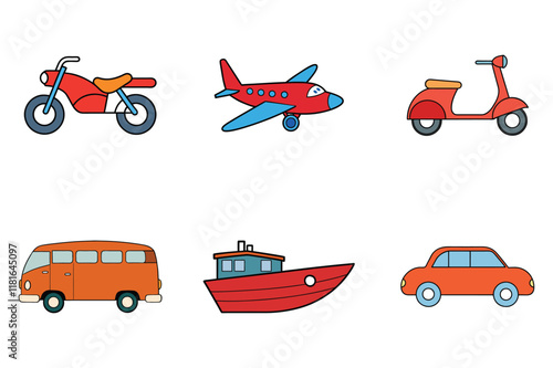 Set of transport logo (plane, helicopter motorbike, 
 scooter, bicycle, boat, car, bus, airbus ) vector icon illustration on white background