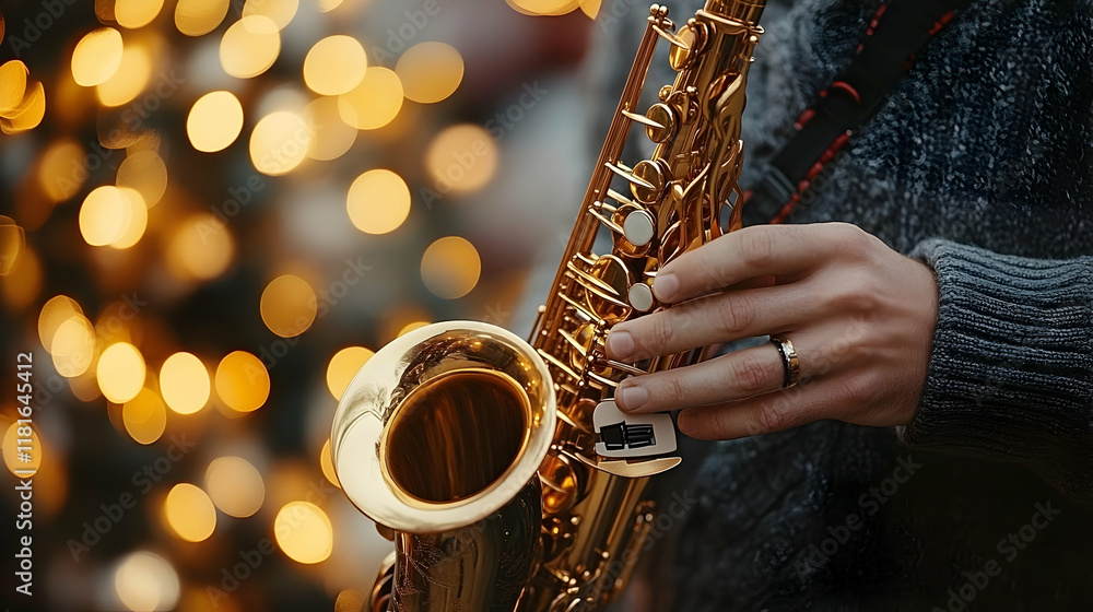 Obraz premium Saxophone Player Plays Smooth Jazz with Bokeh Lights