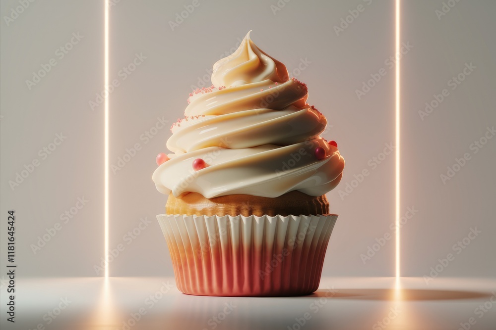 A single cupcake with swirls of creamy frosting, pink sprinkles, and a light pink liner, elegantly displayed. A single cupcake with swirls of creamy frosting, pink sprinkles, and a light pink liner, elegantly displayed.