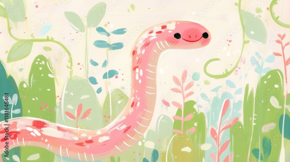 Obraz premium Snake watercolor concept. Whimsical Colorful Snake Coiled Around Lush Tropical Vine